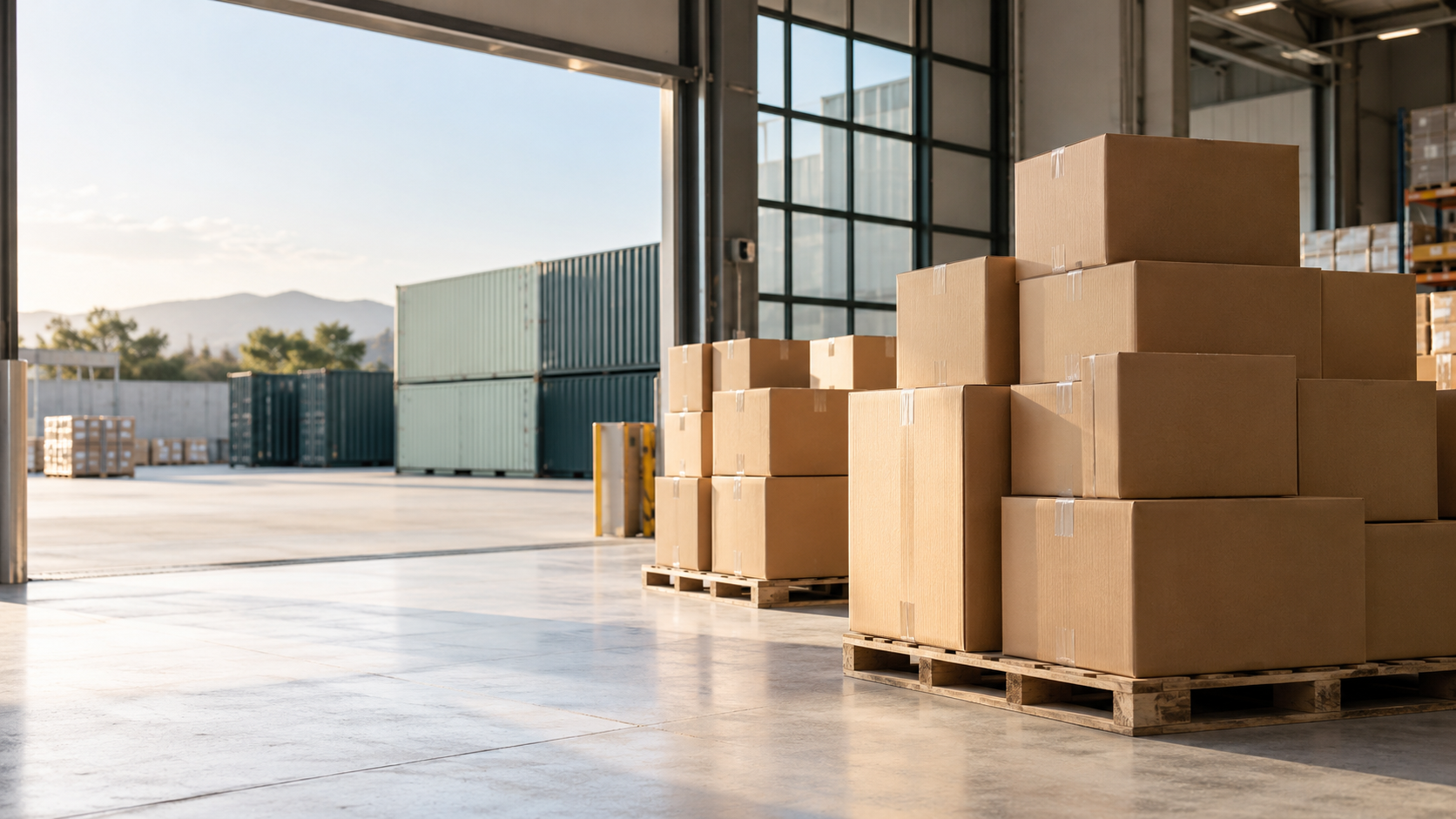 Escena ilustrativa de cajas y contenedores para representar la importación; no muestra instalaciones de la empresa.