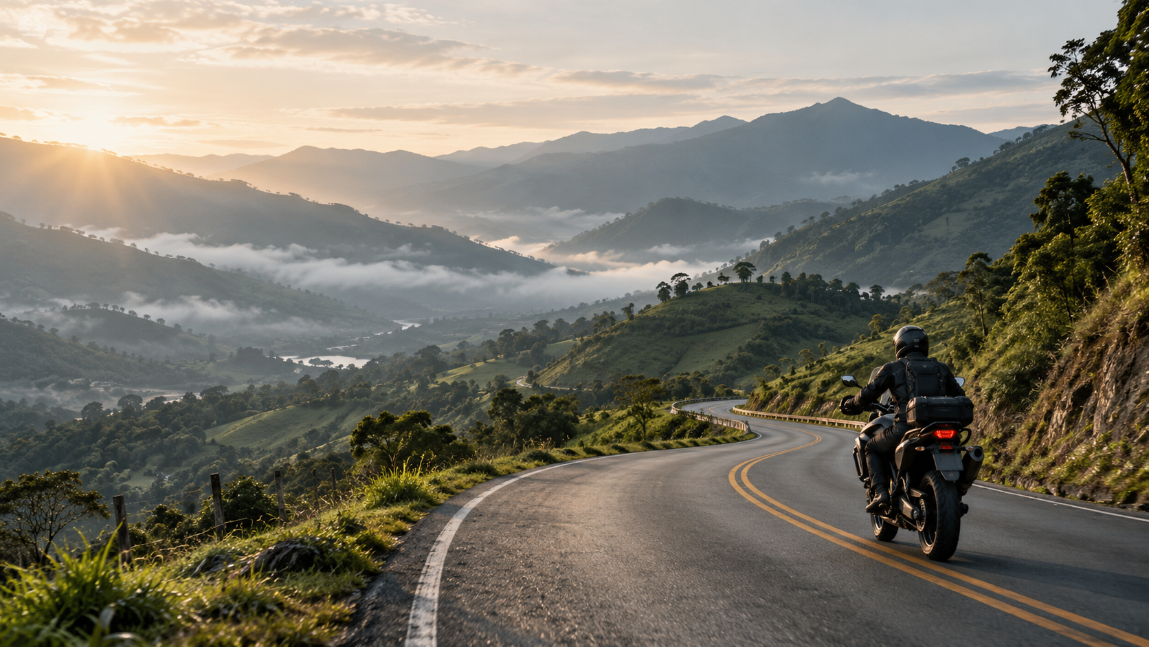 Escena ilustrativa de un motociclista recorriendo una carretera de montaña.